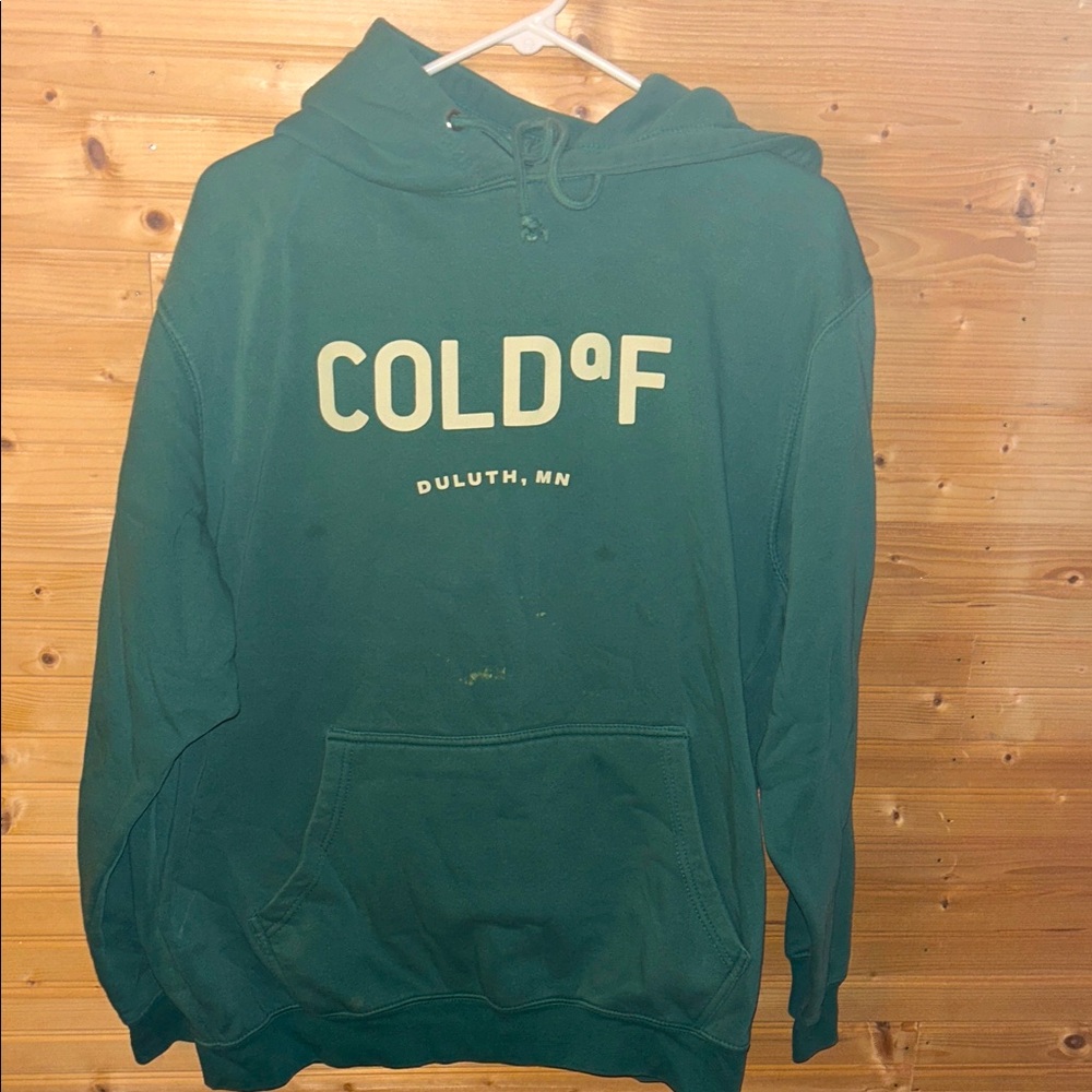 From a shop in Duluth down in lake superior. Forest Green Hoodie very warm.